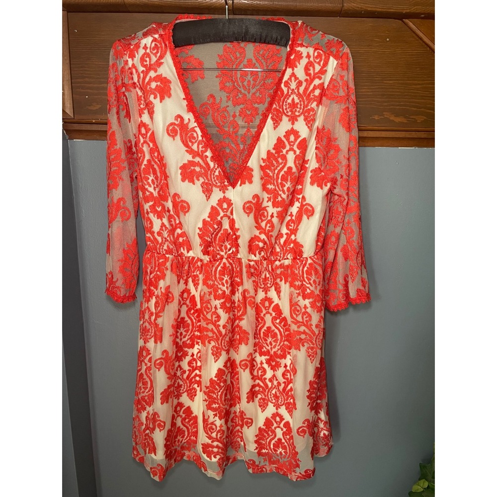 Umgee Red Damask Lace V-Neck Mini Dress Cream 3/4 Sleeve Large S3006